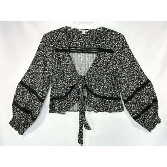 American Eagle Tie Front Top Boho Brown Floral Blouse Sz M Crochet Cottagecore - Picture 1 of 9